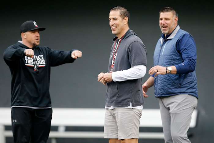 Cincinnati Bearcats head coach Luke Fickell takes the field during a spring practice at Nippert Stadium in Cincinnati on Thursday, March 24, 2022. Cincinnati Bearcats Spring Practice